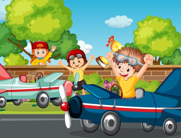 Outdoor scene with children racing car