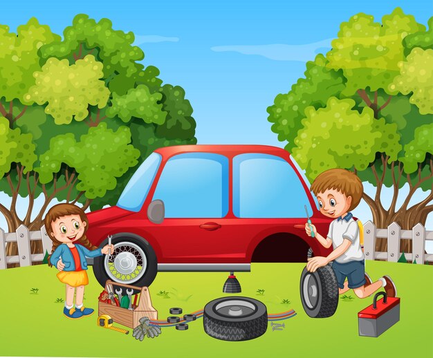 Outdoor scene with dad and daughter fixing a car together
