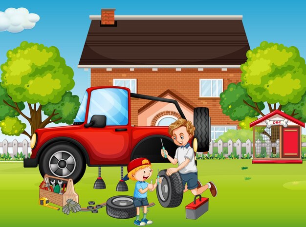 Outdoor scene with dad and son fixing a car together