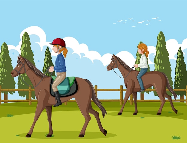 Бесплатное векторное изображение Сцена на открытом воздухе с всадником на лошадях
