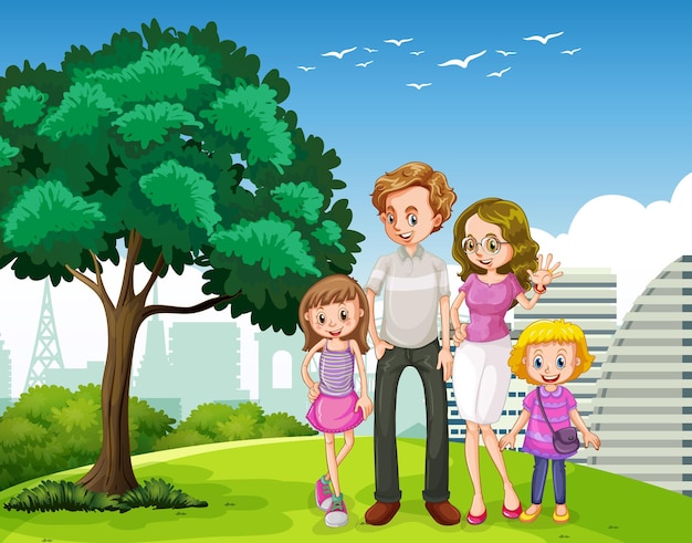 Outdoor scene with happy family