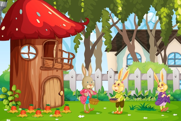 Free vector outdoor scene with happy rabbit family in the garden