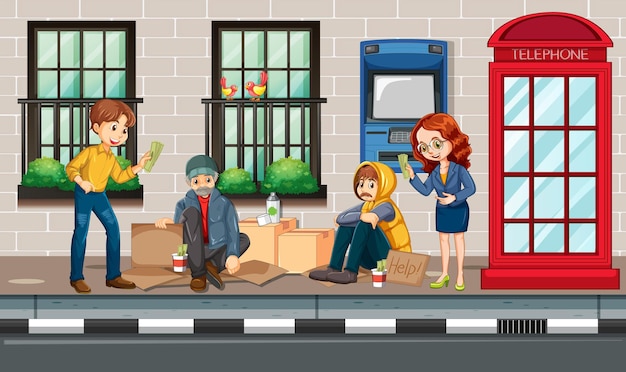 Free vector outdoor scene with homeless people