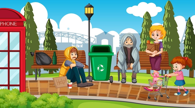 Free vector outdoor scene with homeless people