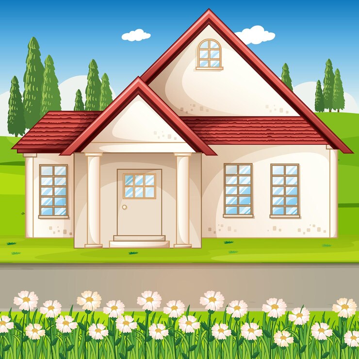 मुफ़्त वेक्टर outdoor scene with a house and flower field