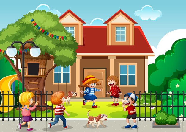 Сцена на открытом воздухе с множеством детей, играющих перед домом
