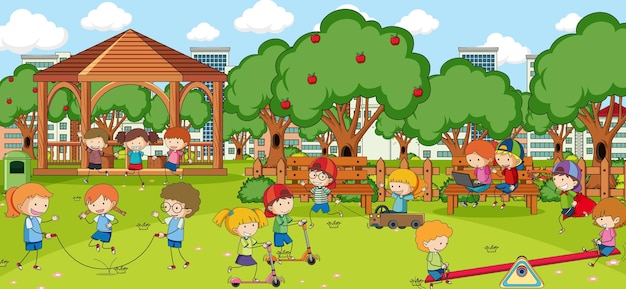 Free vector outdoor scene with many kids playing in the park