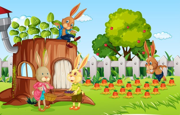 정원에서 많은 토끼 만화 캐릭터와 함께 야외 장면