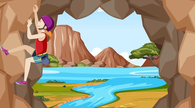 Free Vector outdoor scene with rock climber on cliff