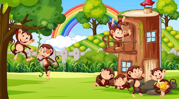 나무 위의 집과 많은 원숭이가 있는 야외 장면