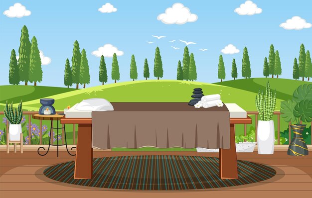 Free vector outdoor spa scene with spa bed and elements