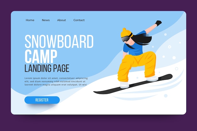 Outdoor sport landing page with illustrated snowboarder