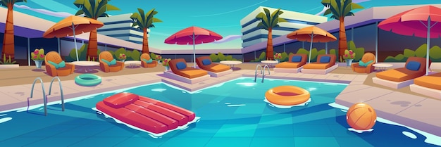 Free vector outdoor swimming pool in hotel empty poolside with chaise lounges umbrella inflatable ring or ball in water and palm trees along building facade exotic resort landscape cartoon vector illustration