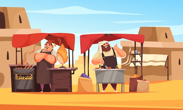 Free vector outdoors eastern market composition with turk and arab standing under neighboring awnings promoting their national dishes cartoon