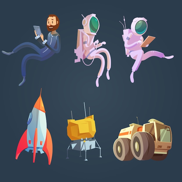 Free vector outer space cartoon set with spaceship and astronautics symbols