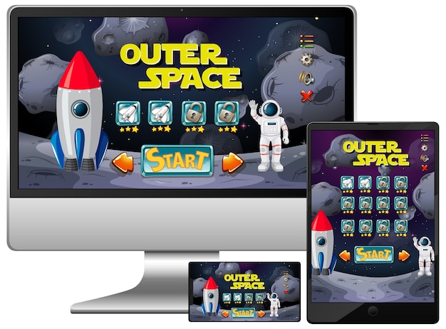 Free vector outer space mission game on diffrent electronic screens