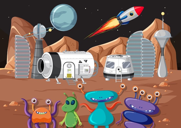 Free vector outer space planet with aliens in cartoon style