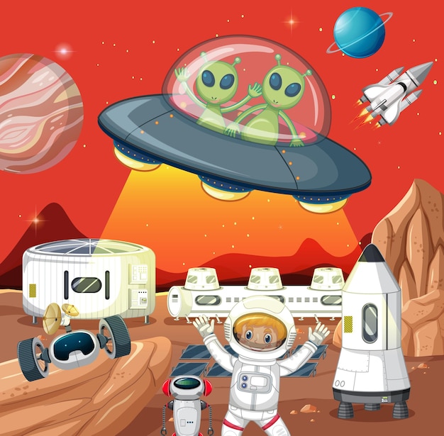 만화 스타일의 우주 비행사와 외계인이 있는 우주 장면