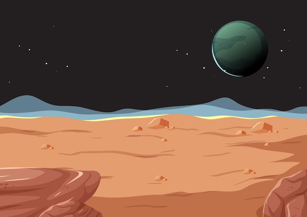 Paesaggio di superficie dello spazio esterno con pianeta Vettore gratuito