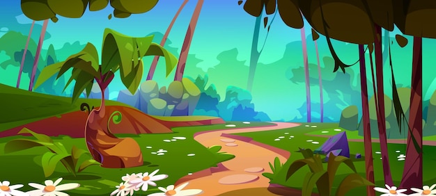 Бесплатное векторное изображение Выходящая дорожка в лесу среди деревьев кустарников и цветов карикатурная векторная иллюстрация весеннего или летнего пейзажа джунглей с оставлением твердой тропы зеленая лесистая природная панорама с дорожкой