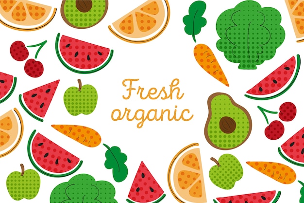 Free vector outline fruit and vegetables wallpaper with colorful halftone