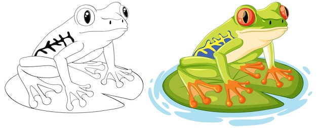 Free vector outline green frog cartoon on lily pad