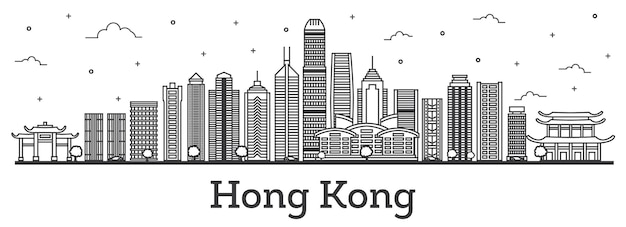 白で隔離された近代的な建物と香港チャイナシティのスカイラインの概要を説明します。ベクトルイラスト。ランドマークのある香港の街並み。