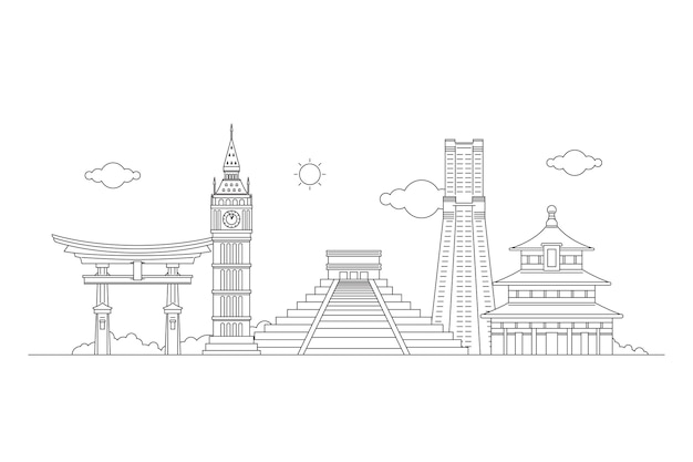 Free vector outline landmarks skyline from asia to europe