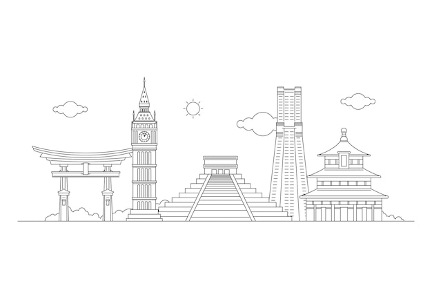 Outline landmarks skyline from asia to europe