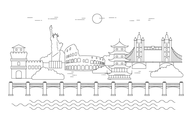 Free vector outline landmarks skyline with monuments