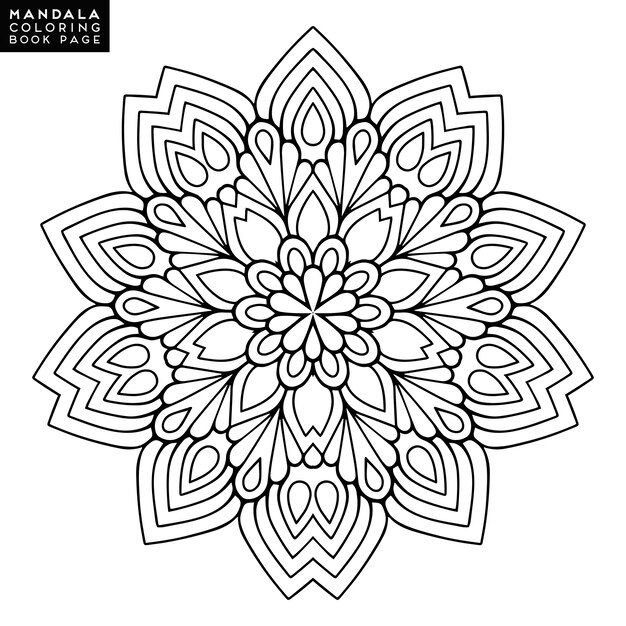 漫画本のためのマンダラの概要。装飾的な円形の装飾。抗ストレス療法パターン。デザイン要素を織ります。ヨガのロゴ、瞑想のポスターの背景。珍しい花の形。東洋のベクトル。