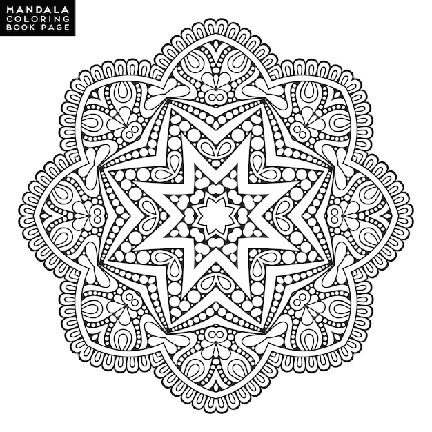 漫画本のためのマンダラの概要。装飾的な円形の装飾。抗ストレス療法パターン。デザイン要素を織ります。ヨガのロゴ、瞑想のポスターの背景。珍しい花の形。東洋のベクトル。