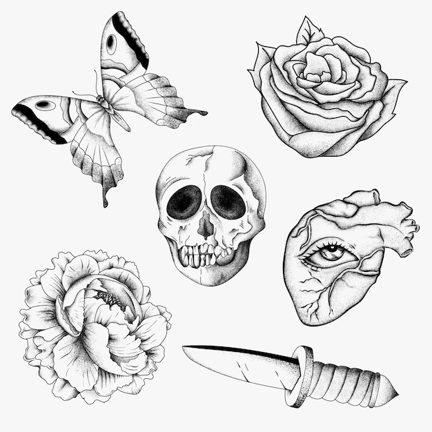 Free vector outline old school flash black and white tattoo design set