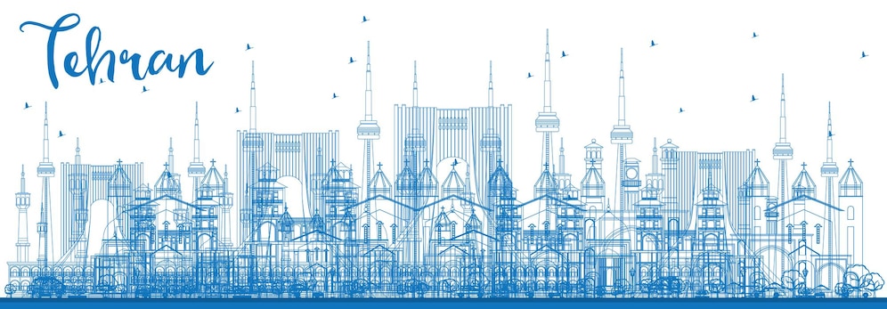  Outline tehran skyline with blue landmarks. vector illustration. business travel and tourism concep