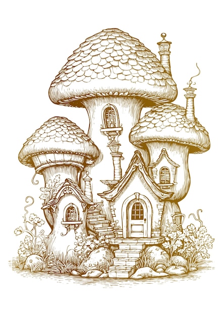 Outline vector mushroom house with a chimney