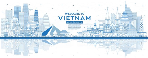 Outline welcome to vietnam skyline with blue buildings and reflections