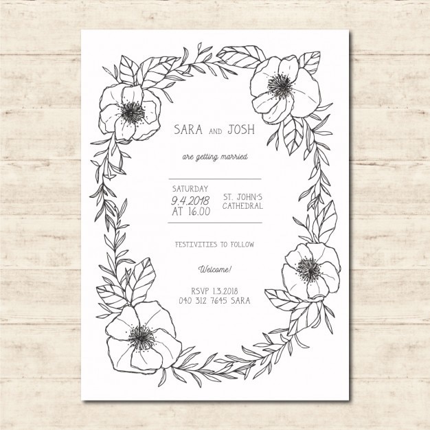 Outlined flowers wedding invitation