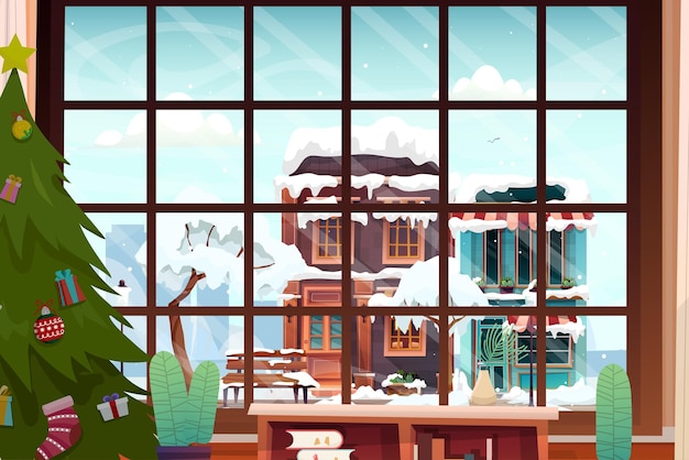 Free vector outside view glass window snow covered roof of house on winter season, christmas tree was beautifully decorated inside the house