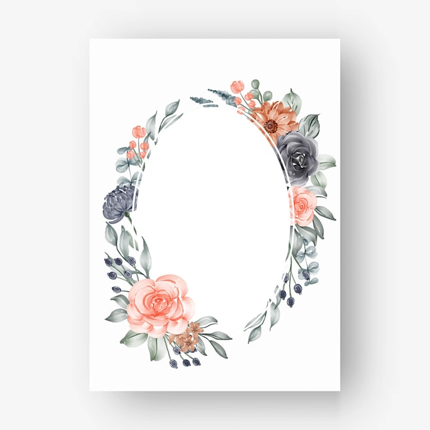 Oval flower frame with watercolor flowers navy and peach