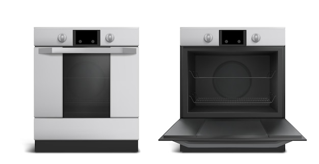 Бесплатное векторное изображение Духовка, электрическая кухонная техника, открытая или закрытая плита вид спереди.