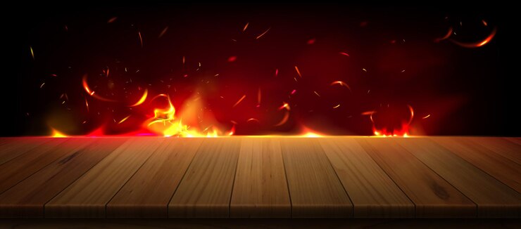 Free Vector oven fire burning at edge of wooden table