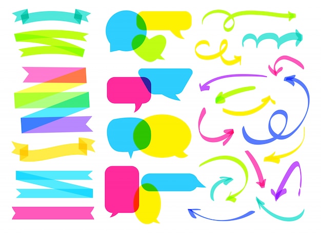 Overlapping comic speech bubble, ribbon, arrow set. overprint hand drawn highlighter marker line