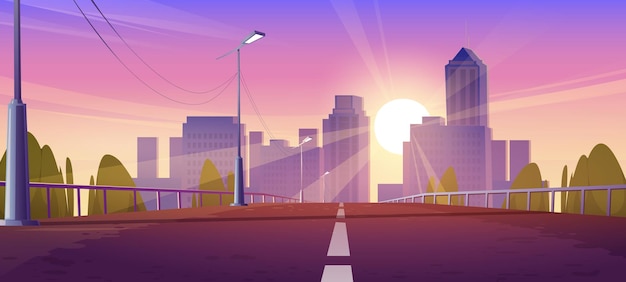 Overpass car road to city at sunset Vector cartoon illustration of highway bridge with street lights railings and summer cityscape with house buildings skyscrapers trees and sun at evening