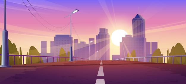 해질녘 도시로 가는 육교 자동차 도로 가로등이 있는 고속도로 다리와 저녁에 집 건물 고층 빌딩 나무와 태양이 있는 여름 도시 풍경의 벡터 만화 그림