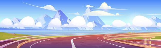 Overpass, highway, empty road at summer landscape with mountains and water bay. Modern infrastructure with metal railings and markup. Asphalted turning way and rocks, Cartoon vector illustration