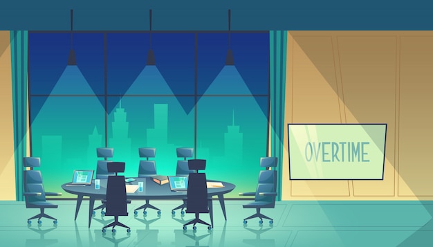 Overtime concept - conference hall for business seminar at\
night