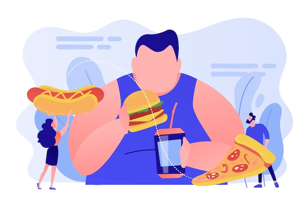 과체중 남자 먹는 햄버거, 패스트 푸드를주는 작은 사람들. 과식 중독, 폭식 장애, 강박 과식 치료 개념. 분홍빛이 도는 산호 bluevector 고립 된 그림