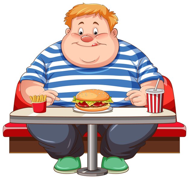 Мужчина с избыточным весом ест фаст-фуд в изолированном ресторане