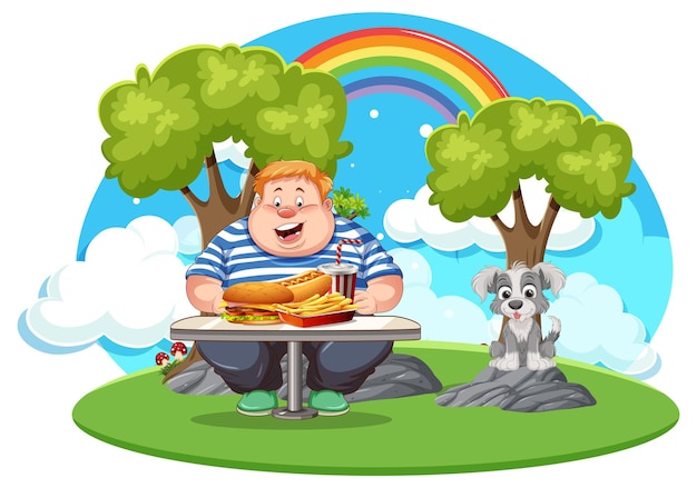 Vettore gratuito uomo in sovrappeso che gode del fast food con il suo animale domestico al parco