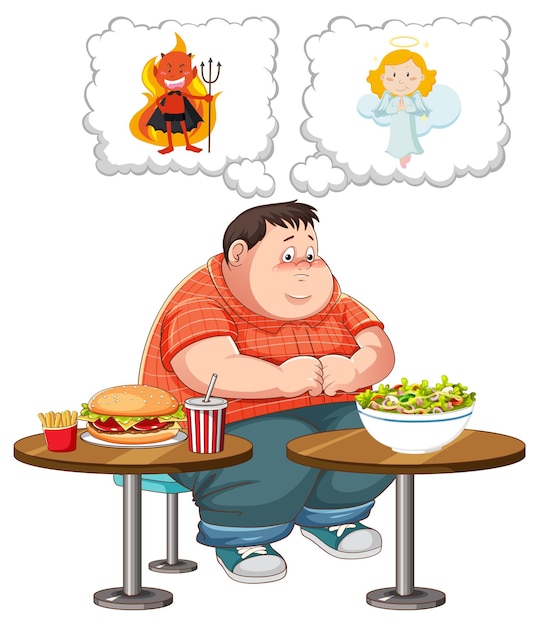 Vettore gratuito uomo in sovrappeso che combatte tra mangiare cibo sano o malsano